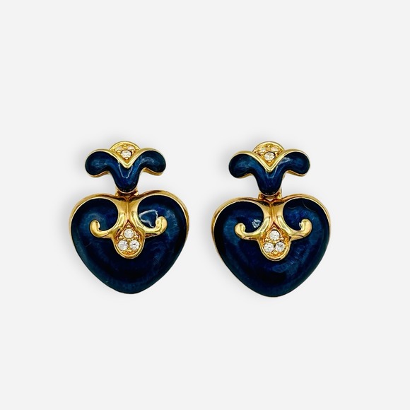 Swarovski Jewelry - Vintage‎ Swarovski Heart Clip Earrings Crystal Swan Navy Blue Enamel Gold Dangle